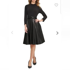 Calvin Klein Mockneck Pleather-Skirt Dress